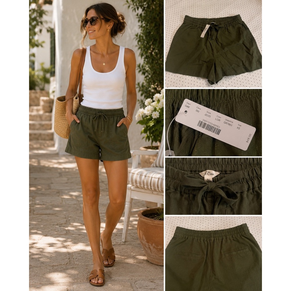 J.Crew Womens XS Olive Green Pull-On Shorts NWT Drawstring Linen Look J2325